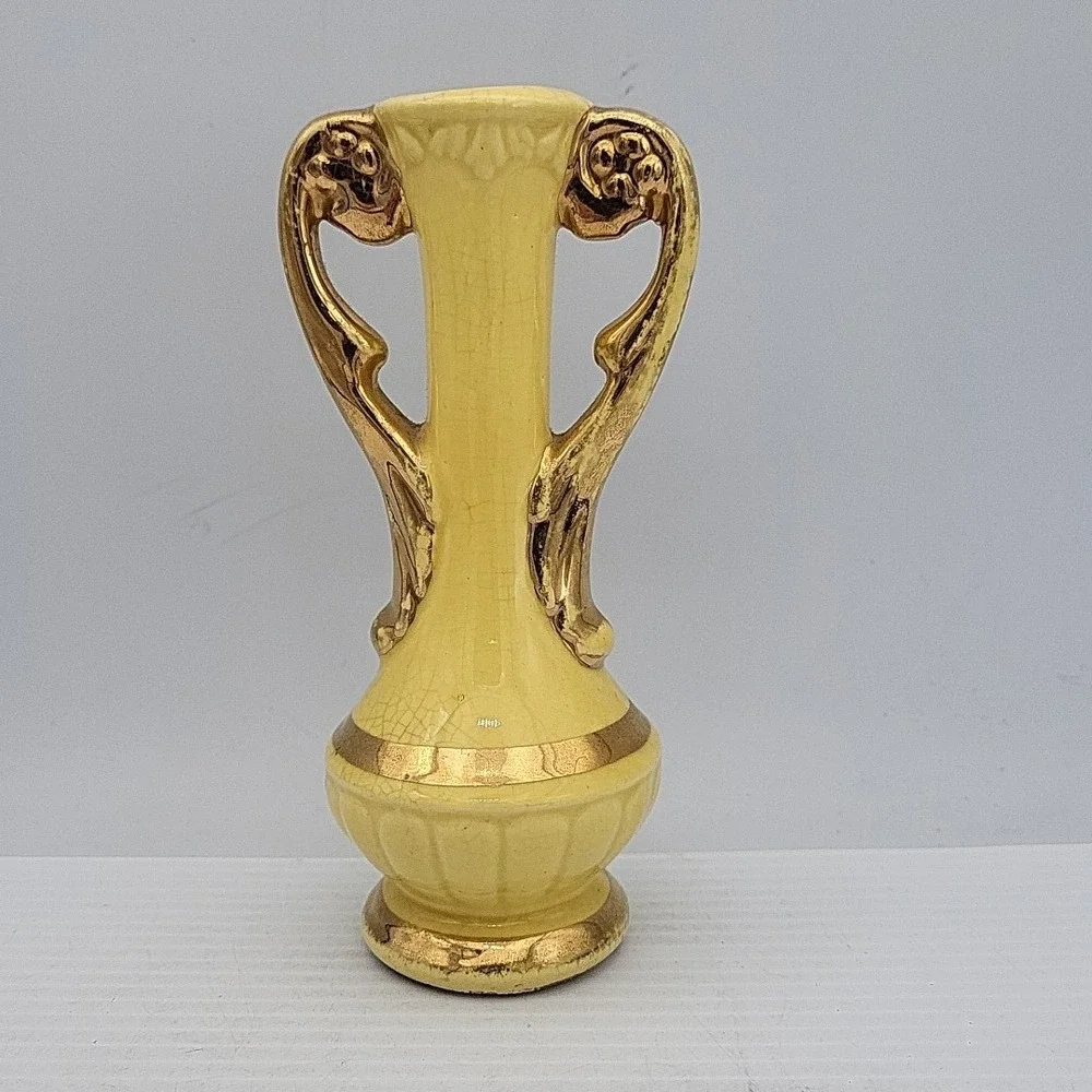 Vintage 1940s Chic Pottery Zanesville Ohio Spill Bud Vase Urn Yellow Gold